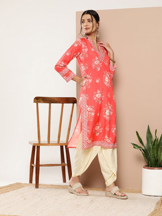 Ahalyaa Women Red Floral Printed Gotta Patti Kurta with Dhoti Pants | Swadesiicart