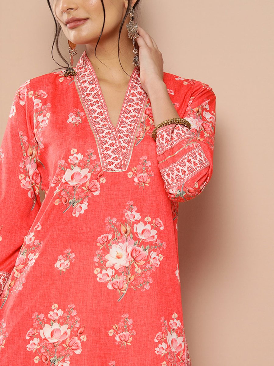 Ahalyaa Women Red Floral Printed Gotta Patti Kurta with Dhoti Pants | Swadesiicart