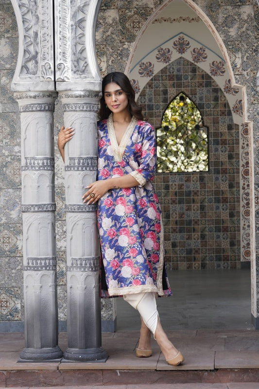 Ahalyaa Women Navy Blue Floral Printed Pleated Kurta with Dhoti Pants | Swadesiicart