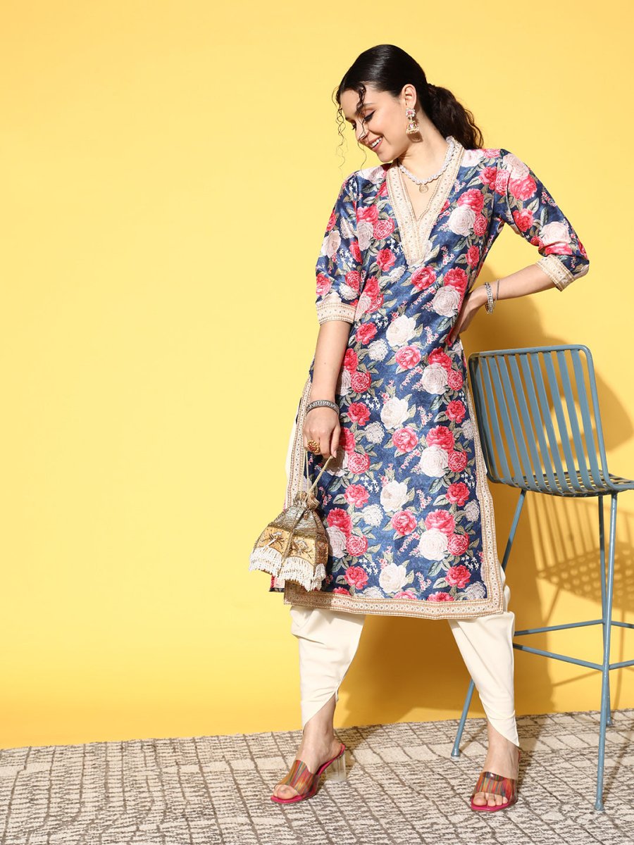 Ahalyaa Women Navy Blue Floral Printed Pleated Kurta with Dhoti Pants | Swadesiicart