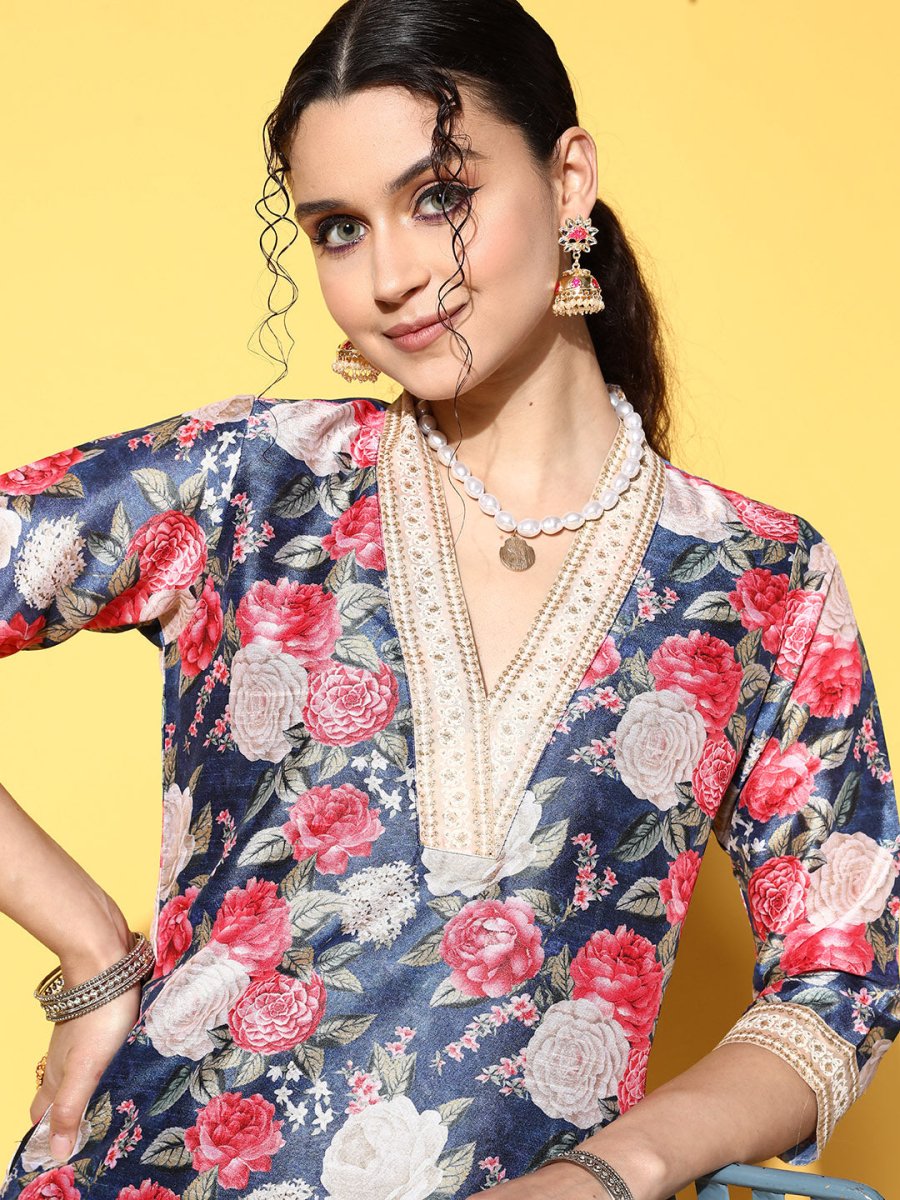 Ahalyaa Women Navy Blue Floral Printed Pleated Kurta with Dhoti Pants | Swadesiicart