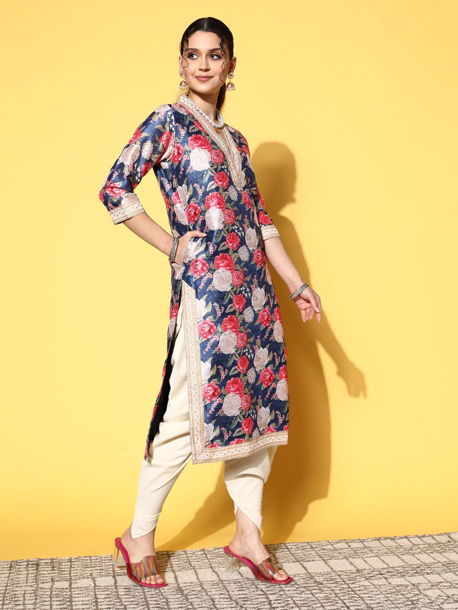 Ahalyaa Women Navy Blue Floral Printed Pleated Kurta with Dhoti Pants | Swadesiicart