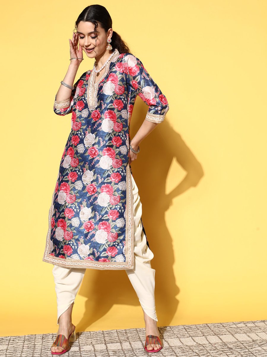 Ahalyaa Women Navy Blue Floral Printed Pleated Kurta with Dhoti Pants | Swadesiicart