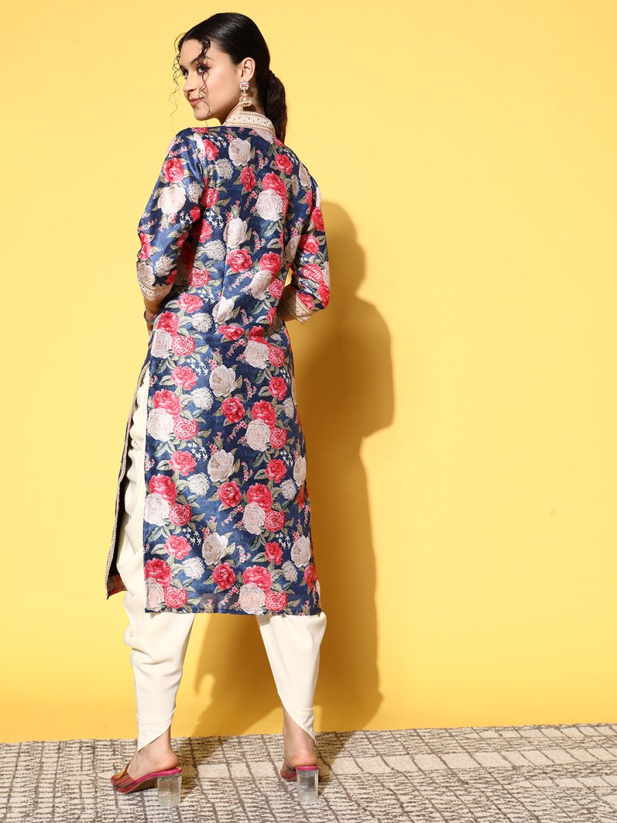 Ahalyaa Women Navy Blue Floral Printed Pleated Kurta with Dhoti Pants | Swadesiicart