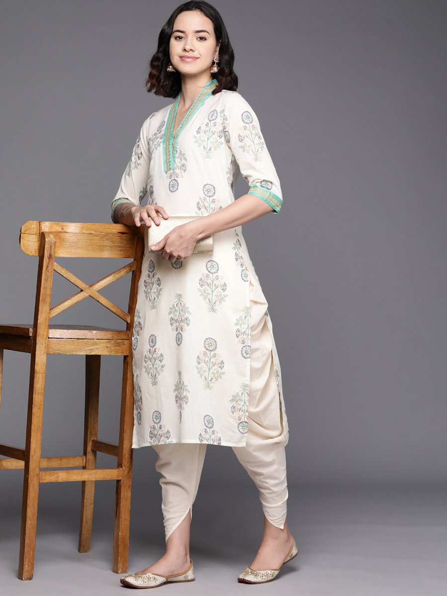 Ahalyaa Floral Printed Regular Pure Cotton Kurta With Dhoti Pants | Swadesiicart