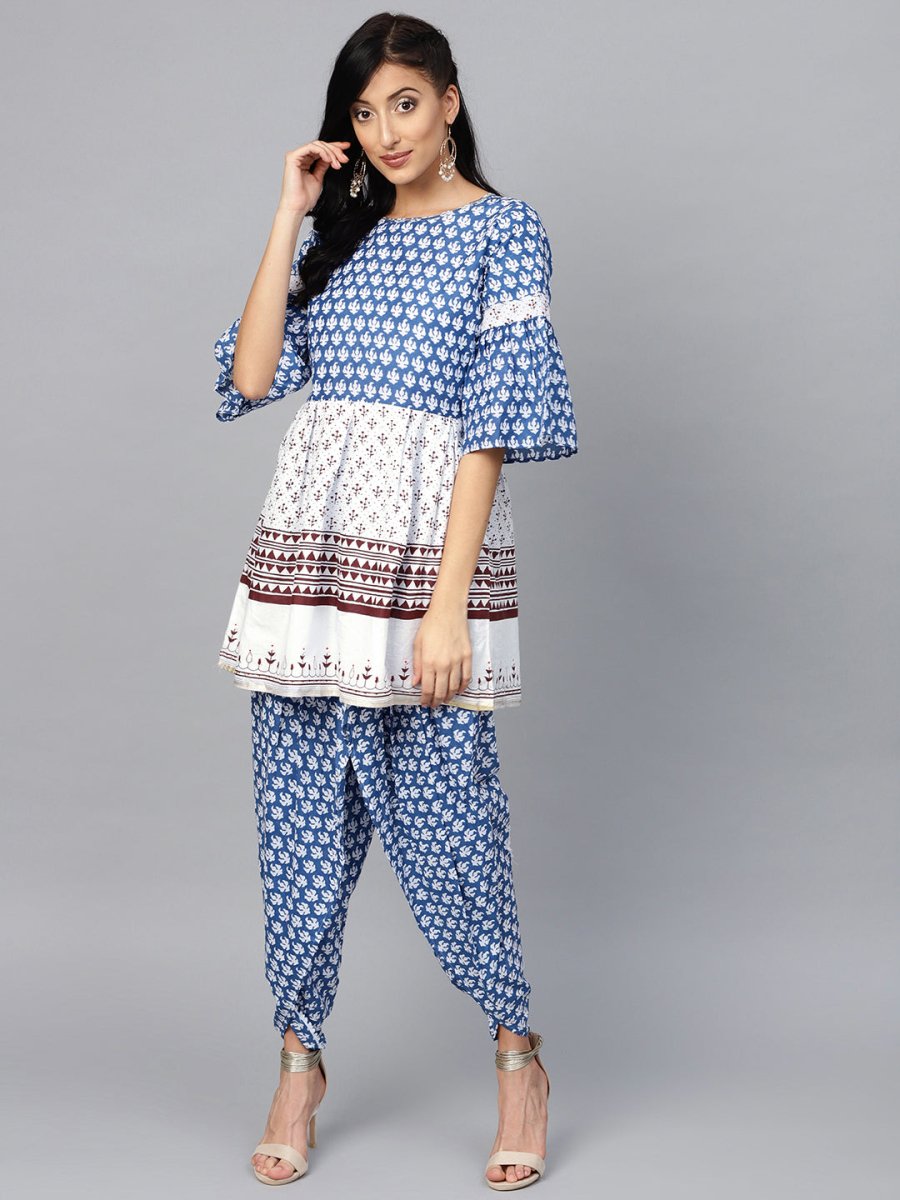 Ahalyaa Women Blue & White Printed Kurti with Dhoti Pants | Swadesiicart