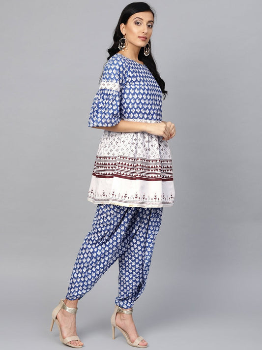 Ahalyaa Women Blue & White Printed Kurti with Dhoti Pants | Swadesiicart