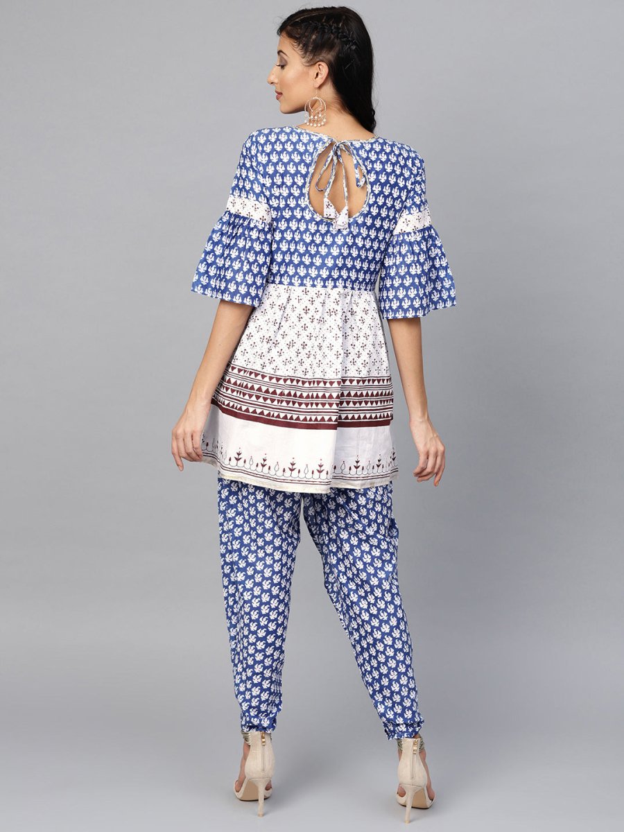 Ahalyaa Women Blue & White Printed Kurti with Dhoti Pants | Swadesiicart