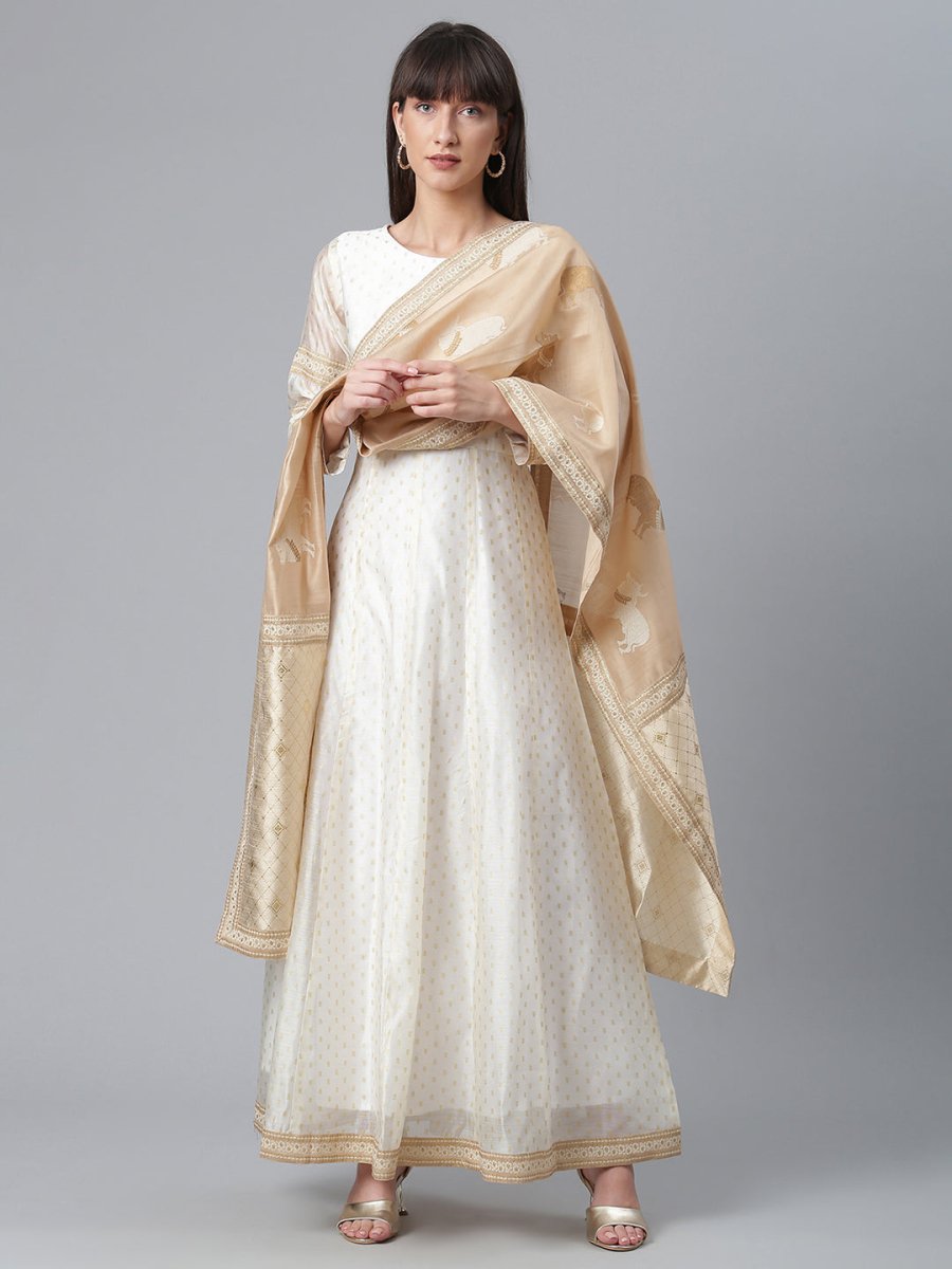 Ahalyaa Cream-Coloured & Golden Printed Anarkali Kurta with Dupatta | Swadesiicart