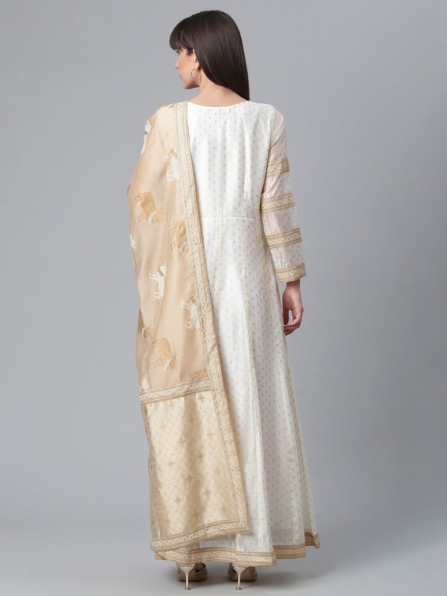 Ahalyaa Cream-Coloured & Golden Printed Anarkali Kurta with Dupatta | Swadesiicart