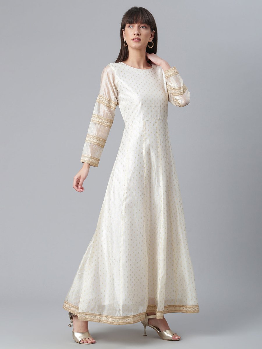 Ahalyaa Cream-Coloured & Golden Printed Anarkali Kurta with Dupatta | Swadesiicart