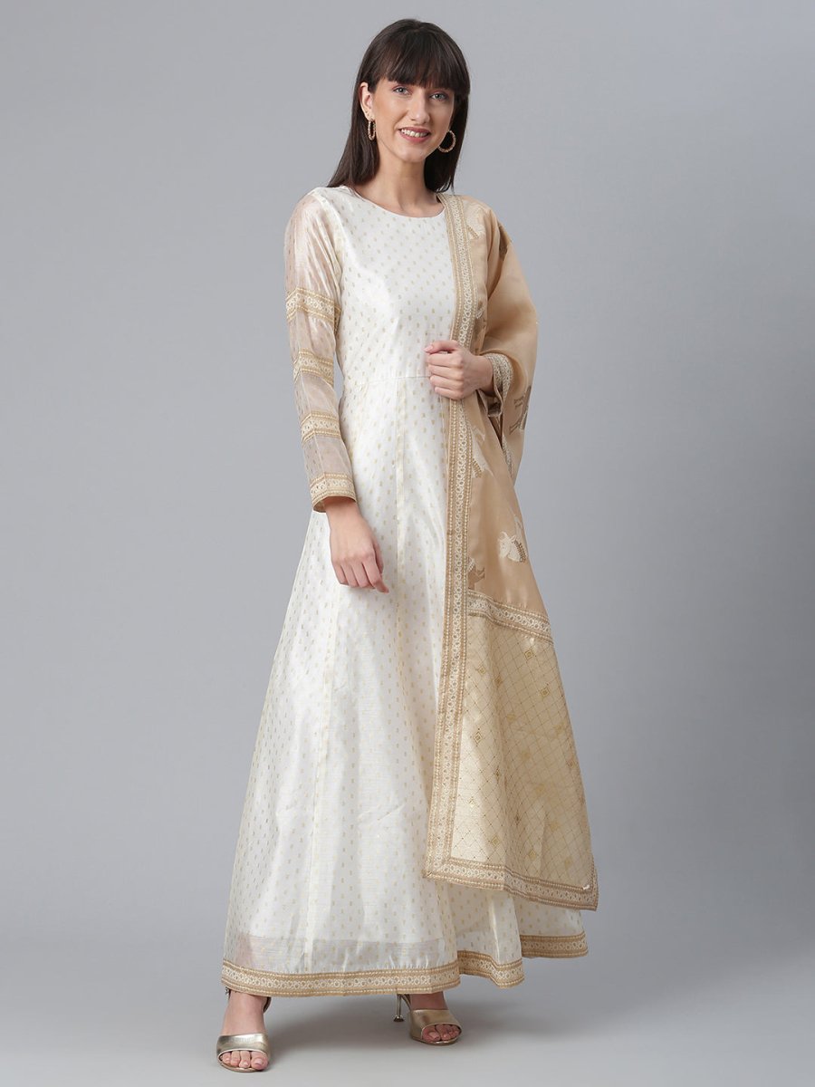 Ahalyaa Cream-Coloured & Golden Printed Anarkali Kurta with Dupatta | Swadesiicart