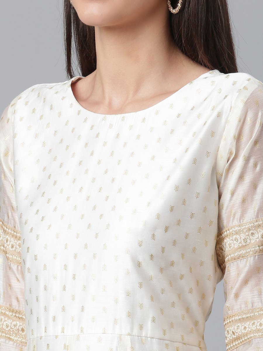 Ahalyaa Cream-Coloured & Golden Printed Anarkali Kurta with Dupatta | Swadesiicart