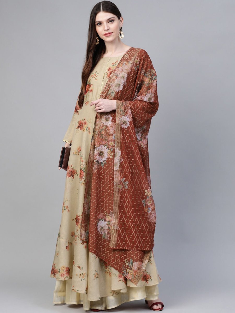 Ahalyaa Women Beige & Red Floral Printed Anarkali Kurta With Dupatta | Swadesiicart