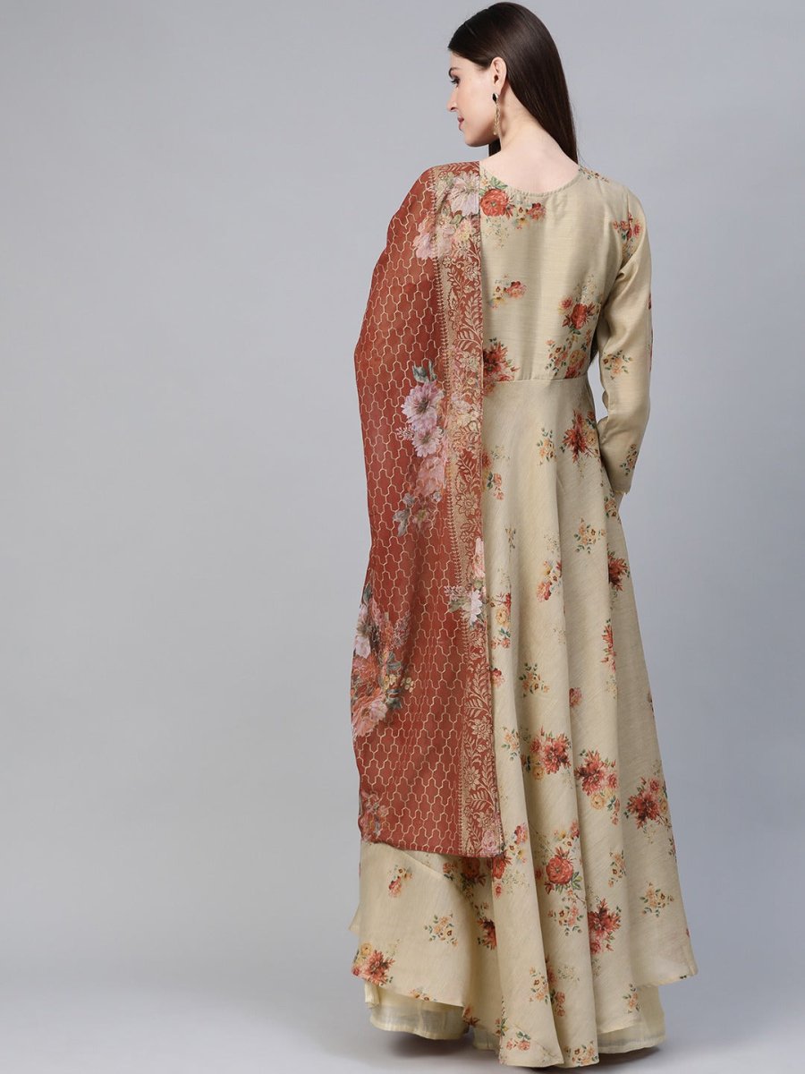 Ahalyaa Women Beige & Red Floral Printed Anarkali Kurta With Dupatta | Swadesiicart