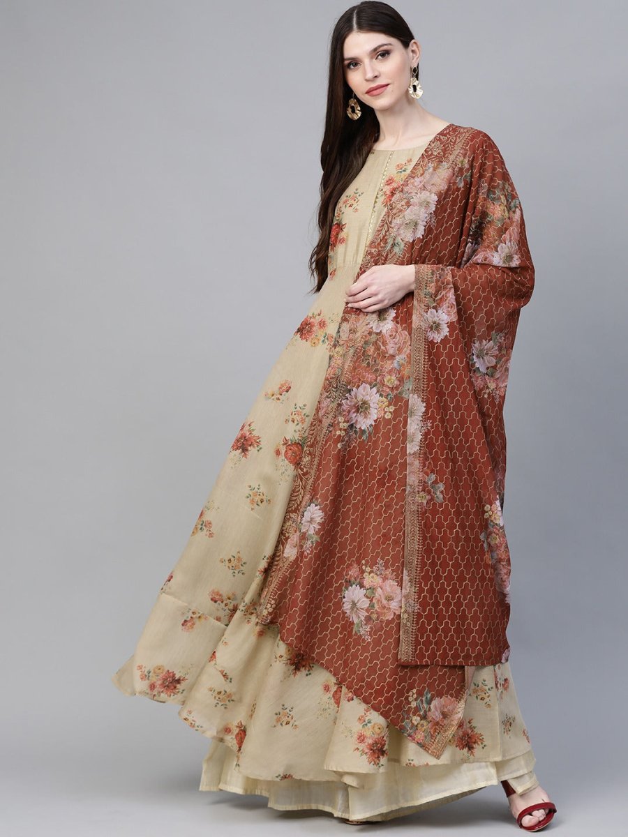Ahalyaa Women Beige & Red Floral Printed Anarkali Kurta With Dupatta | Swadesiicart