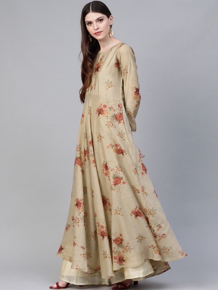Ahalyaa Women Beige & Red Floral Printed Anarkali Kurta With Dupatta | Swadesiicart