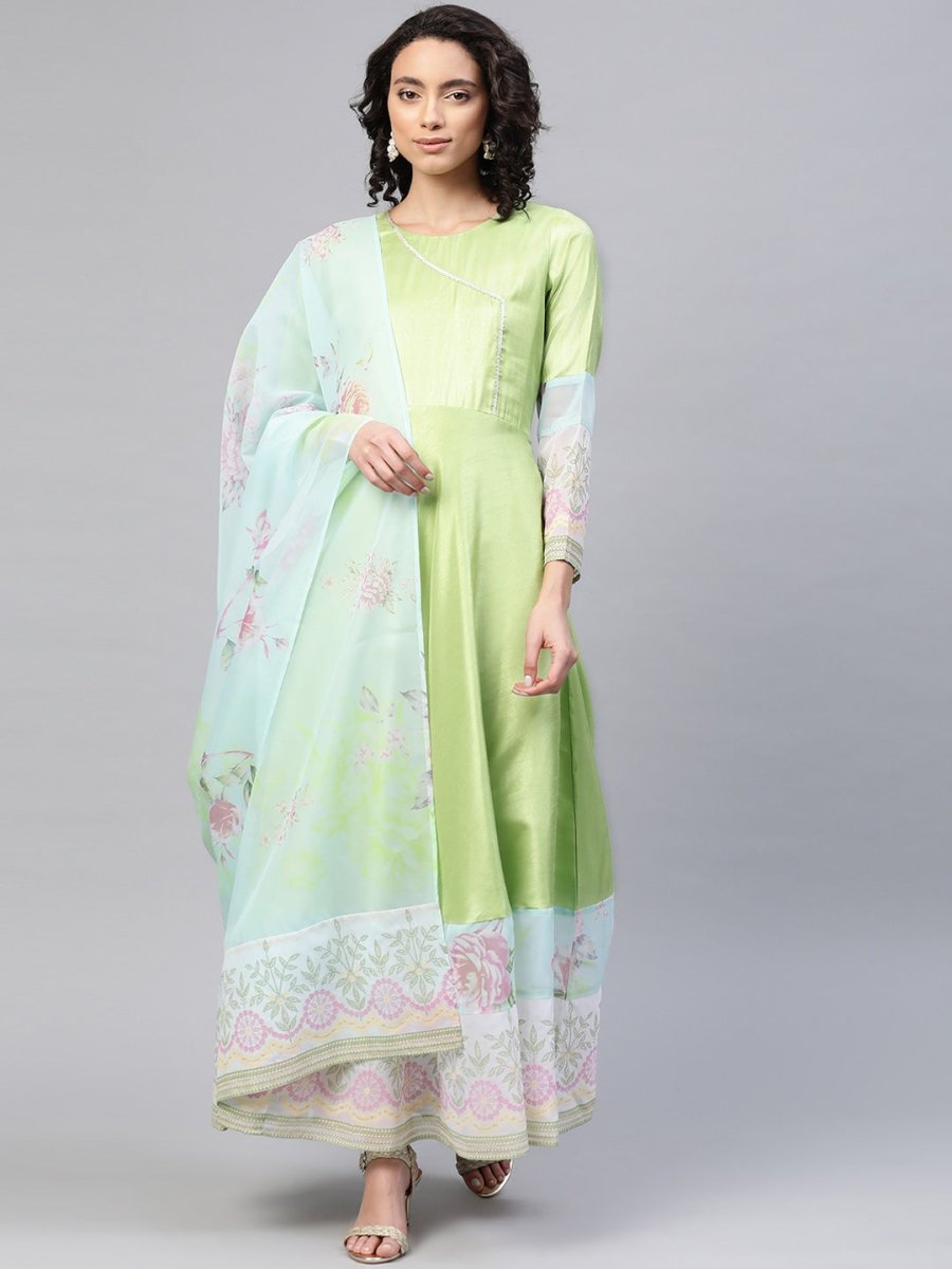 Ahalyaa Women Beautiful Lime Green & Blue Solid Angrakha Kurta With Screen Printed Dupatta | Swadesiicart