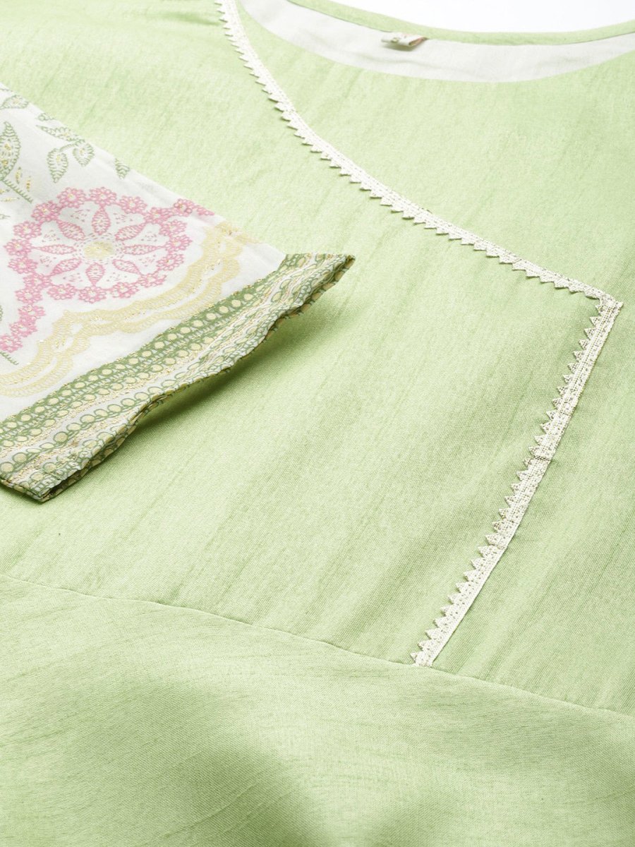 Ahalyaa Women Beautiful Lime Green & Blue Solid Angrakha Kurta With Screen Printed Dupatta | Swadesiicart