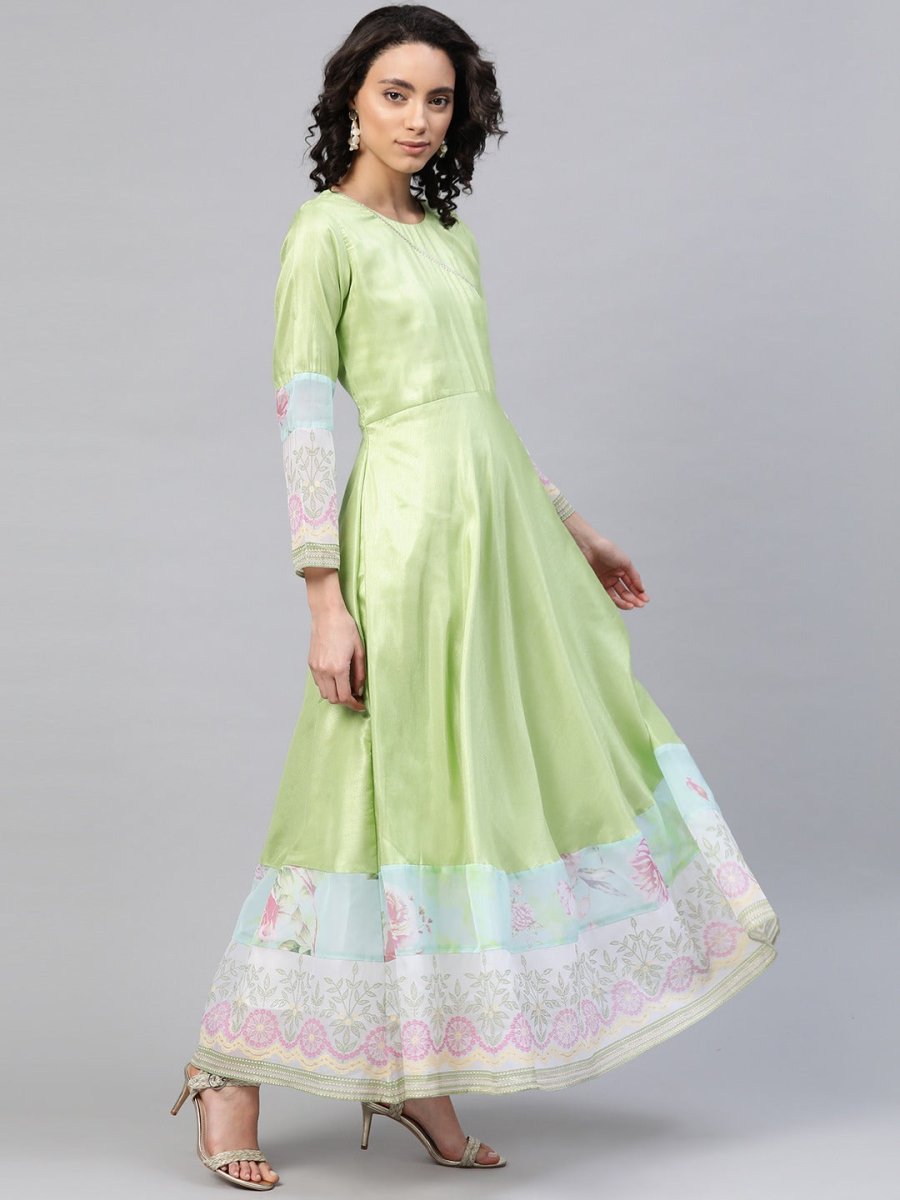 Ahalyaa Women Beautiful Lime Green & Blue Solid Angrakha Kurta With Screen Printed Dupatta | Swadesiicart