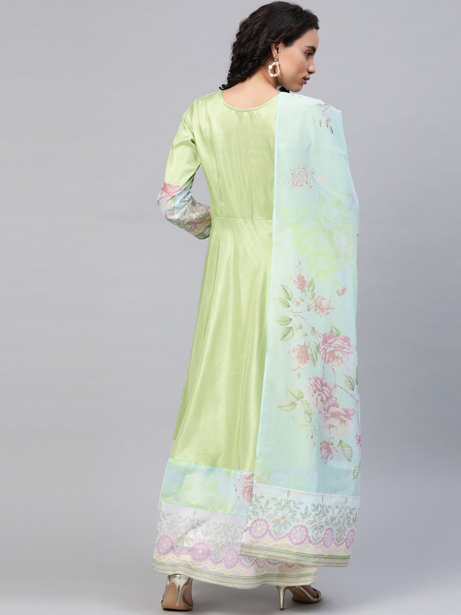 Ahalyaa Women Beautiful Lime Green & Blue Solid Angrakha Kurta With Screen Printed Dupatta | Swadesiicart