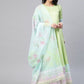 Ahalyaa Women Beautiful Lime Green & Blue Solid Angrakha Kurta With Screen Printed Dupatta | Swadesiicart