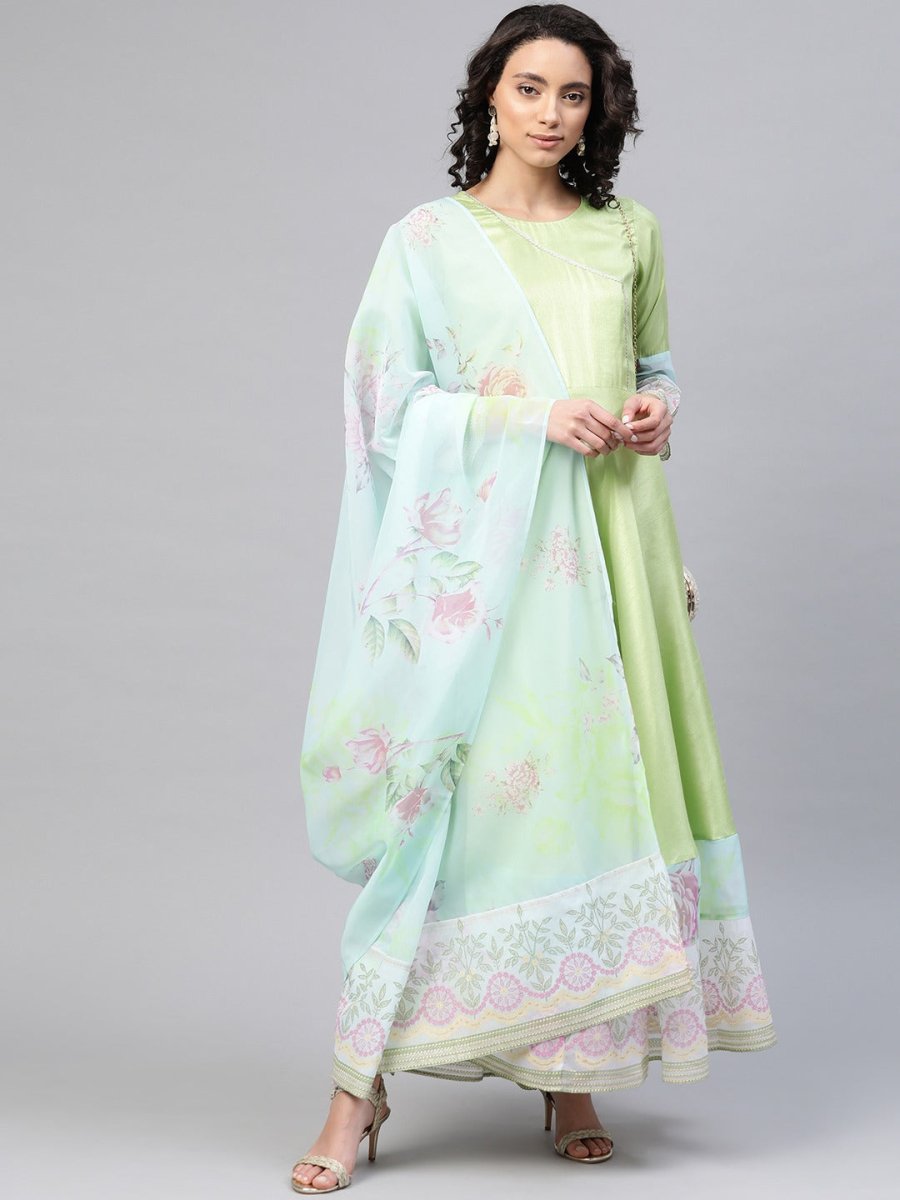 Ahalyaa Women Beautiful Lime Green & Blue Solid Angrakha Kurta With Screen Printed Dupatta | Swadesiicart