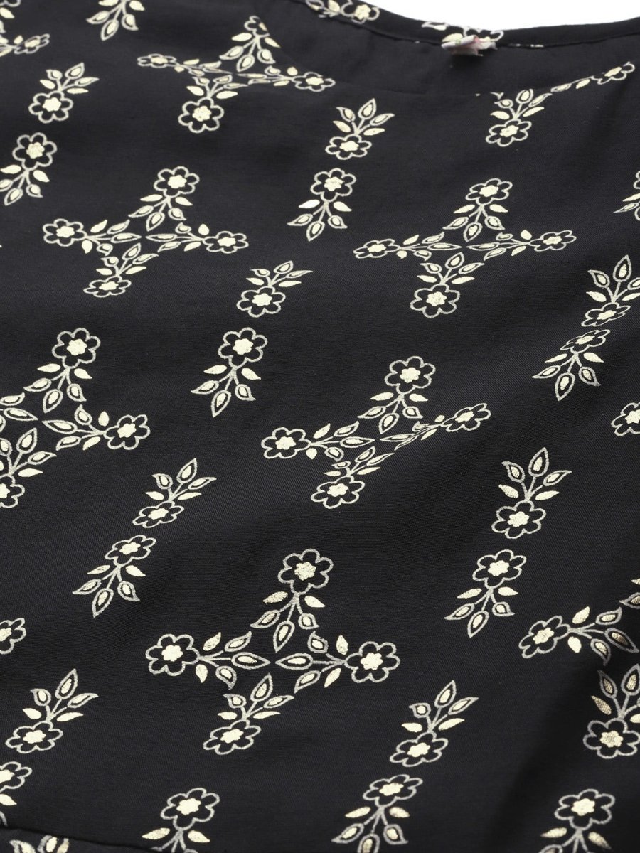 Ahalyaa Women Black & Golden Foil Ethnic Moti Printed Floral Kurta With Dupatta | Swadesiicart