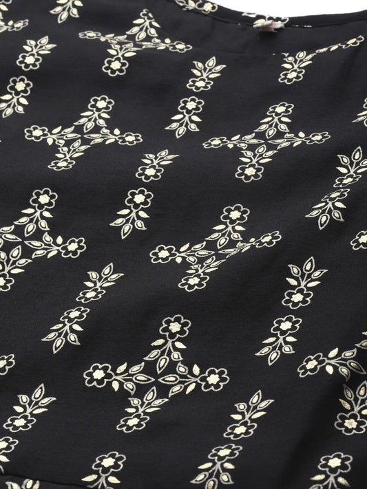 Ahalyaa Women Black & Golden Foil Ethnic Moti Printed Floral Kurta With Dupatta | Swadesiicart