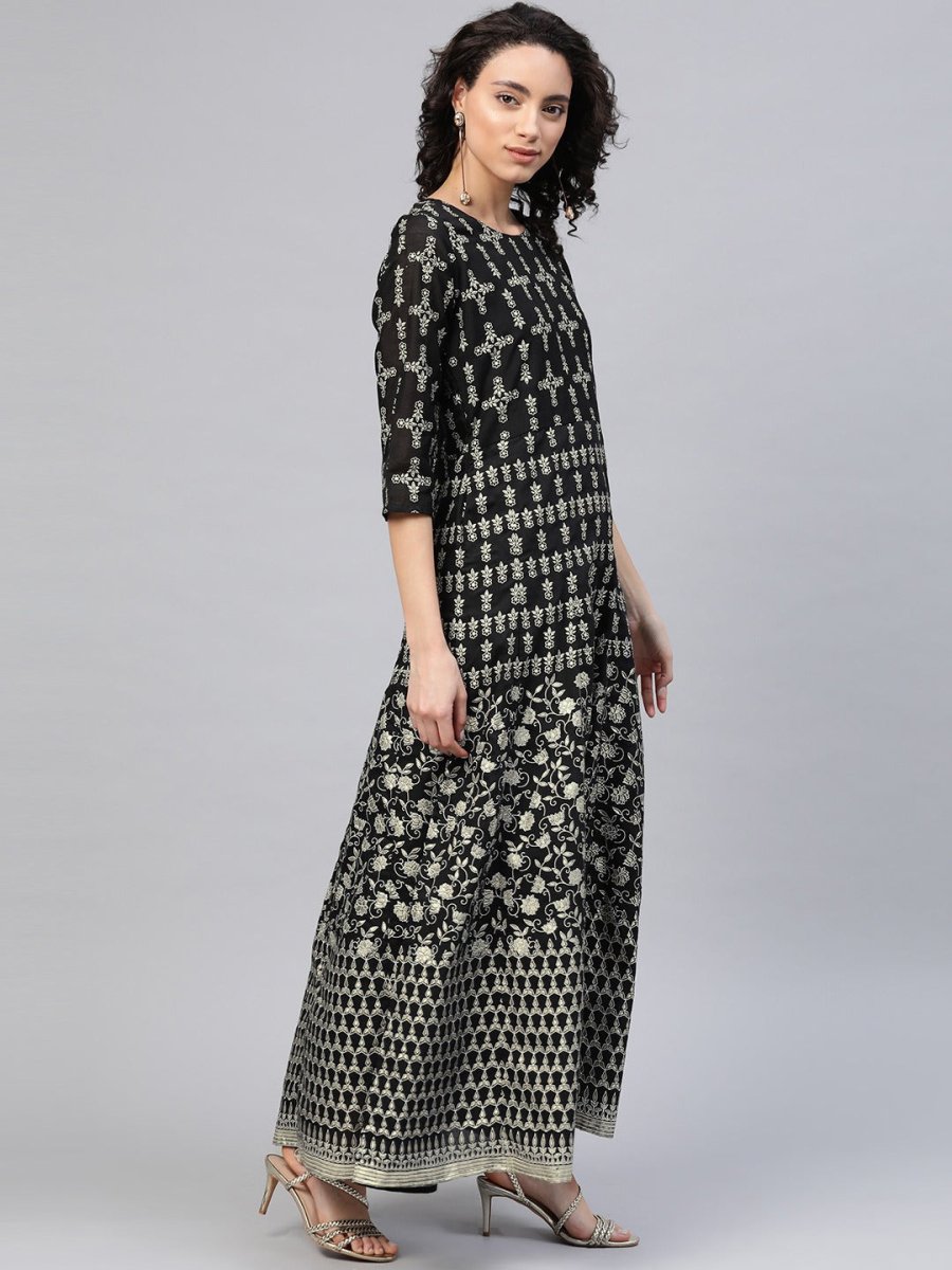 Ahalyaa Women Black & Golden Foil Ethnic Moti Printed Floral Kurta With Dupatta | Swadesiicart