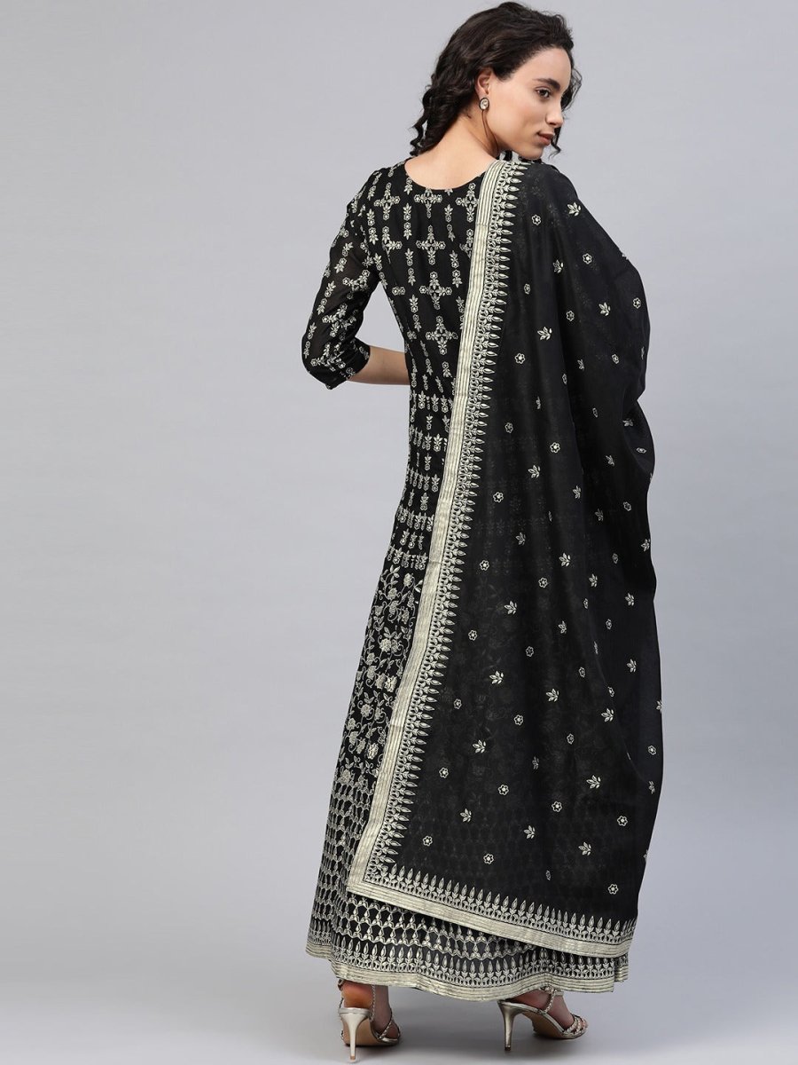Ahalyaa Women Black & Golden Foil Ethnic Moti Printed Floral Kurta With Dupatta | Swadesiicart