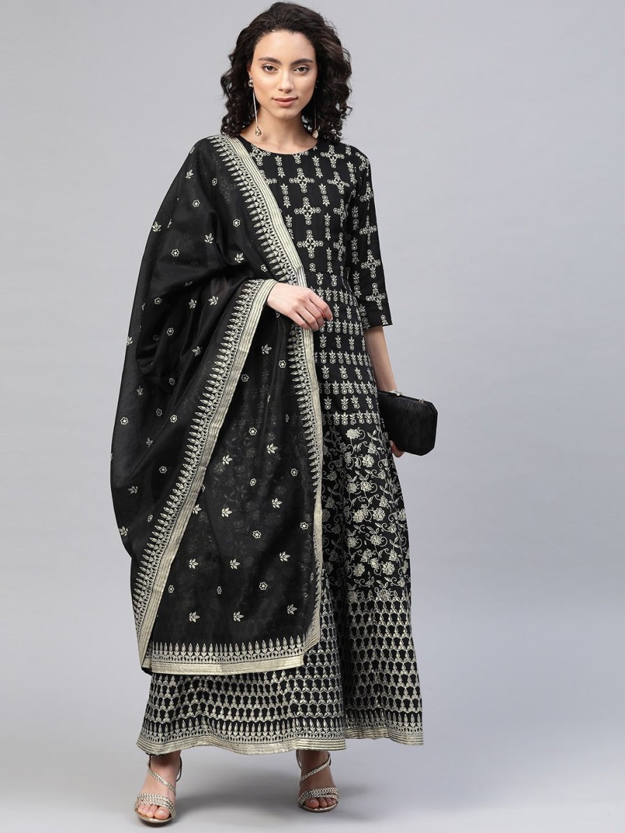 Ahalyaa Women Black & Golden Foil Ethnic Moti Printed Floral Kurta With Dupatta | Swadesiicart