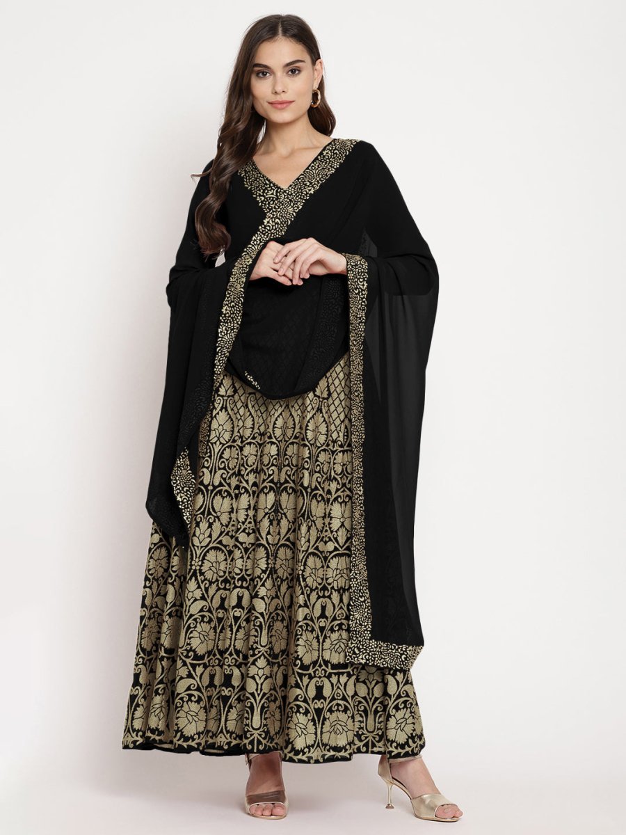 Ahalyaa Women's Black Georgette Gold Foil Print Flared Kurta with Dupatta | Swadesiicart
