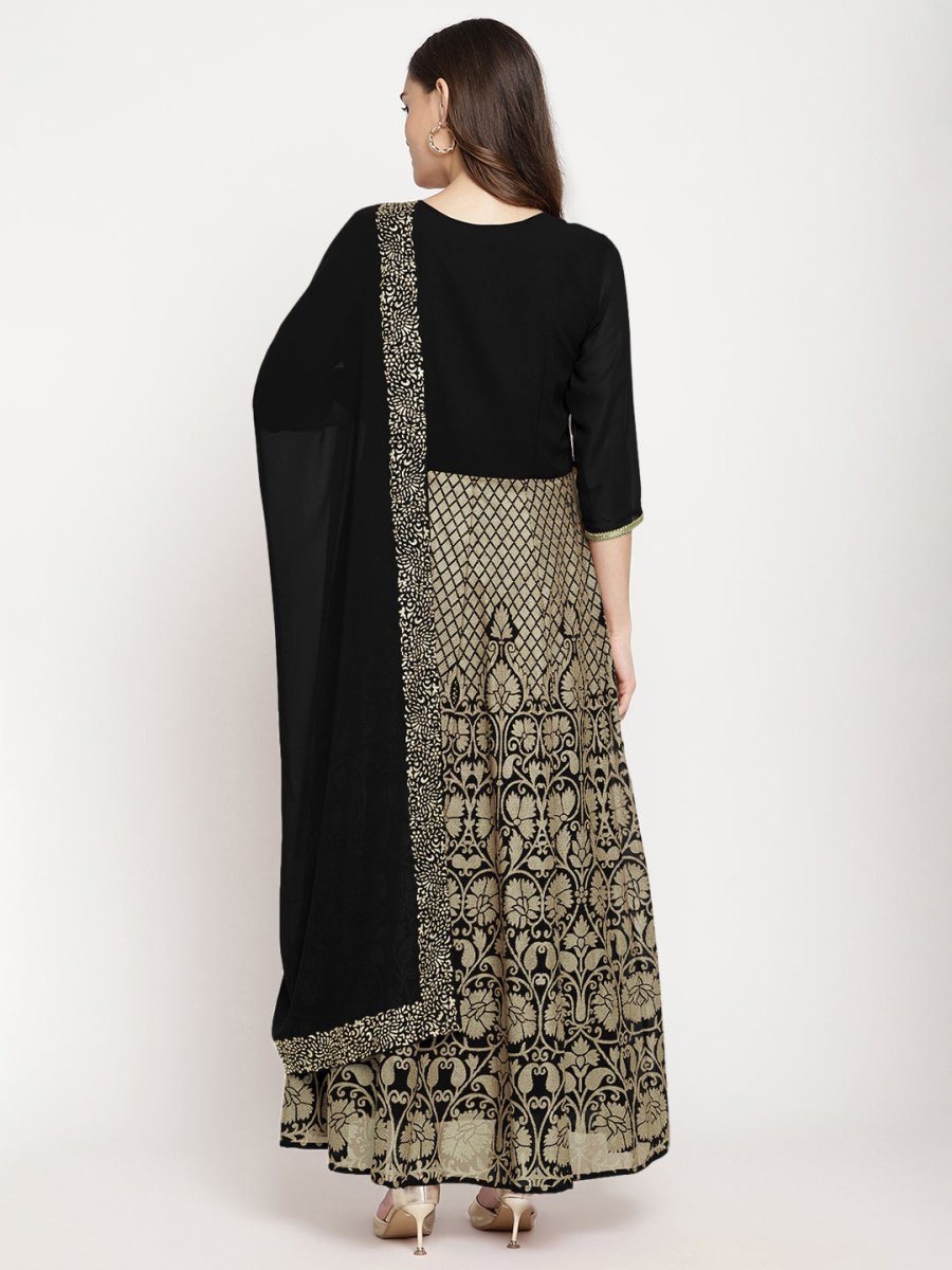 Ahalyaa Women's Black Georgette Gold Foil Print Flared Kurta with Dupatta | Swadesiicart