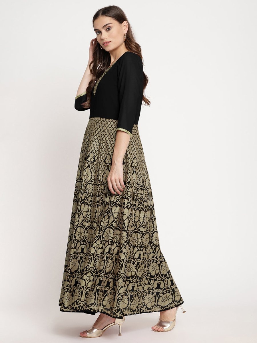 Ahalyaa Women's Black Georgette Gold Foil Print Flared Kurta with Dupatta | Swadesiicart
