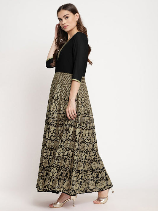 Ahalyaa Women's Black Georgette Gold Foil Print Flared Kurta with Dupatta | Swadesiicart