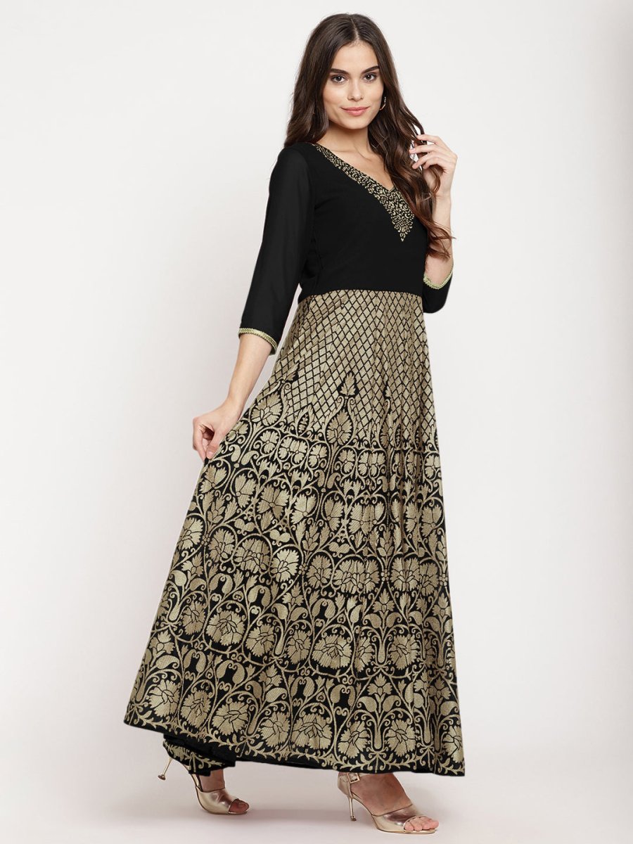 Ahalyaa Women's Black Georgette Gold Foil Print Flared Kurta with Dupatta | Swadesiicart
