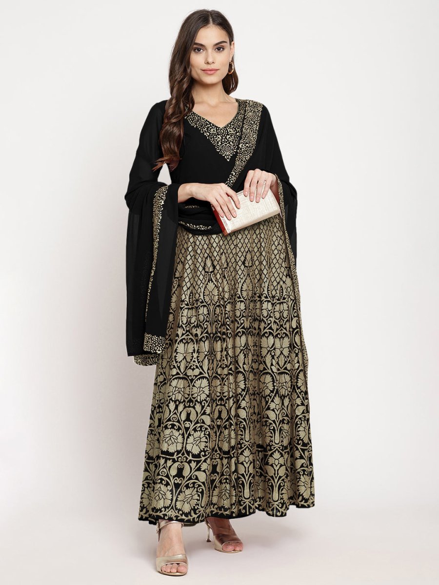 Ahalyaa Women's Black Georgette Gold Foil Print Flared Kurta with Dupatta | Swadesiicart
