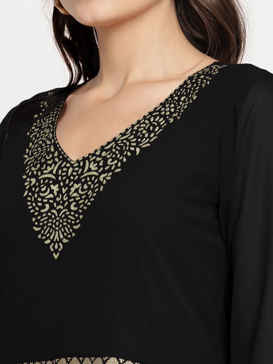 Ahalyaa Women's Black Georgette Gold Foil Print Flared Kurta with Dupatta | Swadesiicart
