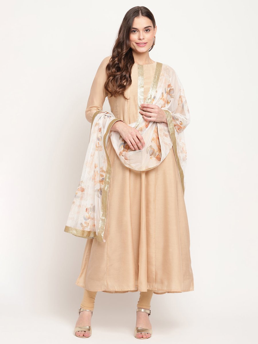 Ahalyaa Beige & Off-White Anarkali Kurta with Dupatta | Swadesiicart