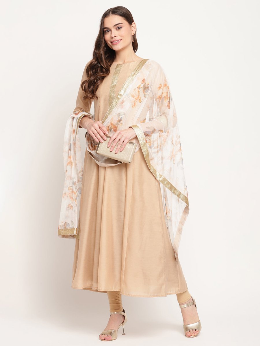 Ahalyaa Beige & Off-White Beautiful Anarkali Kurta with Dupatta | Swadesiicart