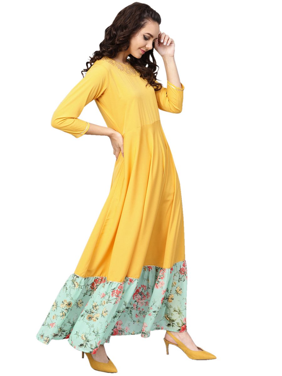 Ahalyaa Mustard Straight Crepe Kurta Set | Swadesiicart
