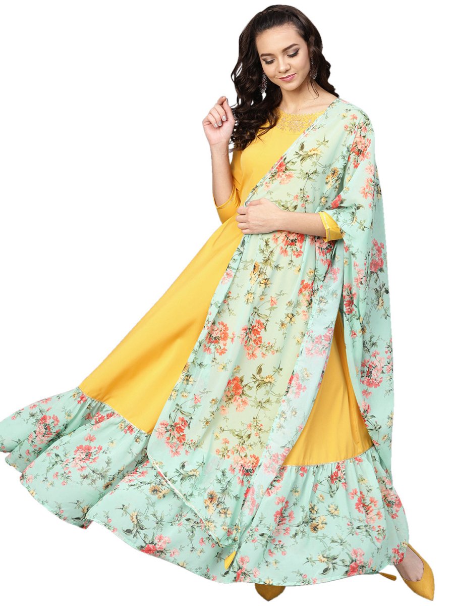 Ahalyaa Mustard Straight Crepe Kurta Set | Swadesiicart