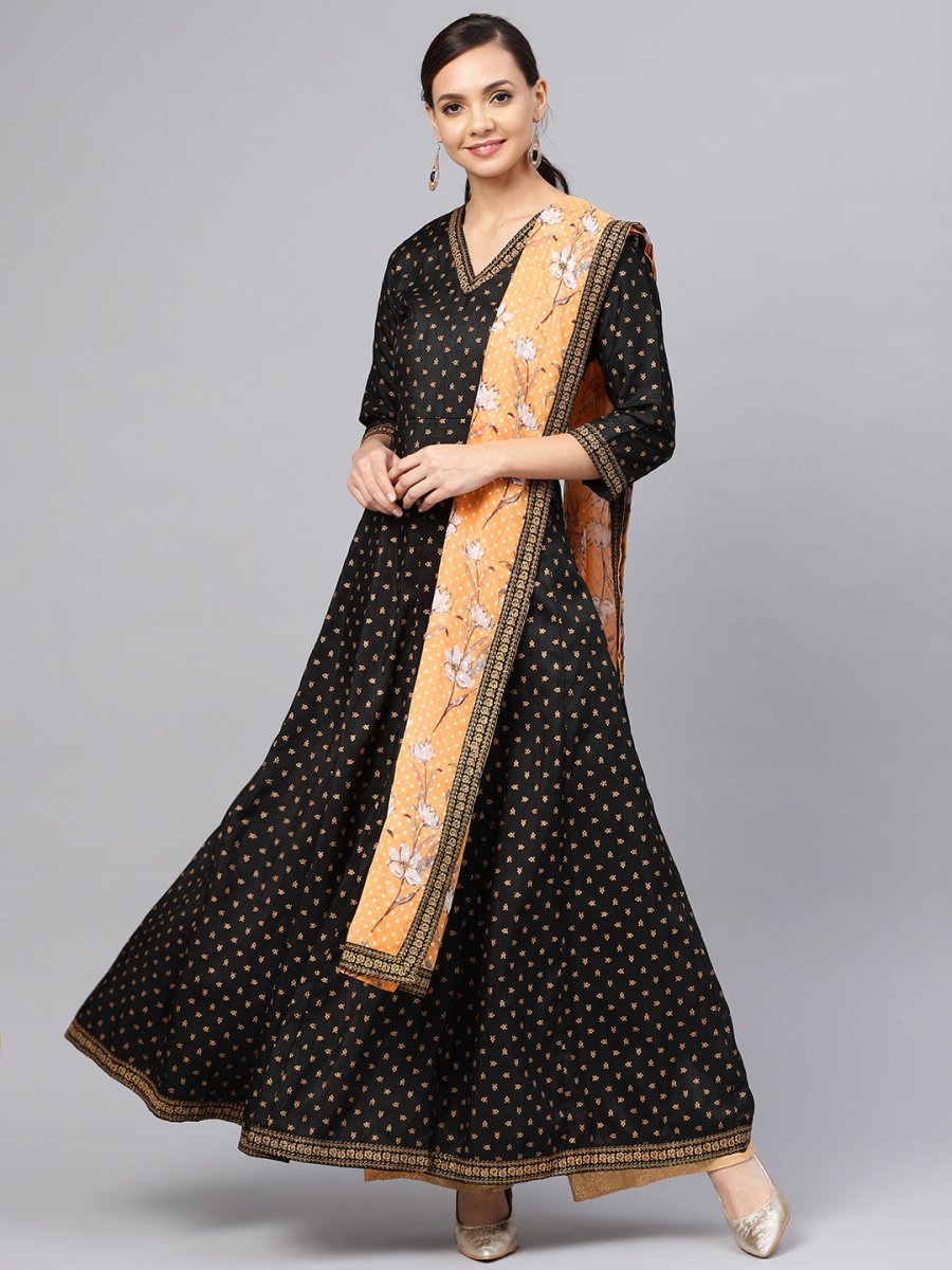 Ahalyaa Black and Gold Printed Anarkali Kurta Set For Women | Swadesiicart
