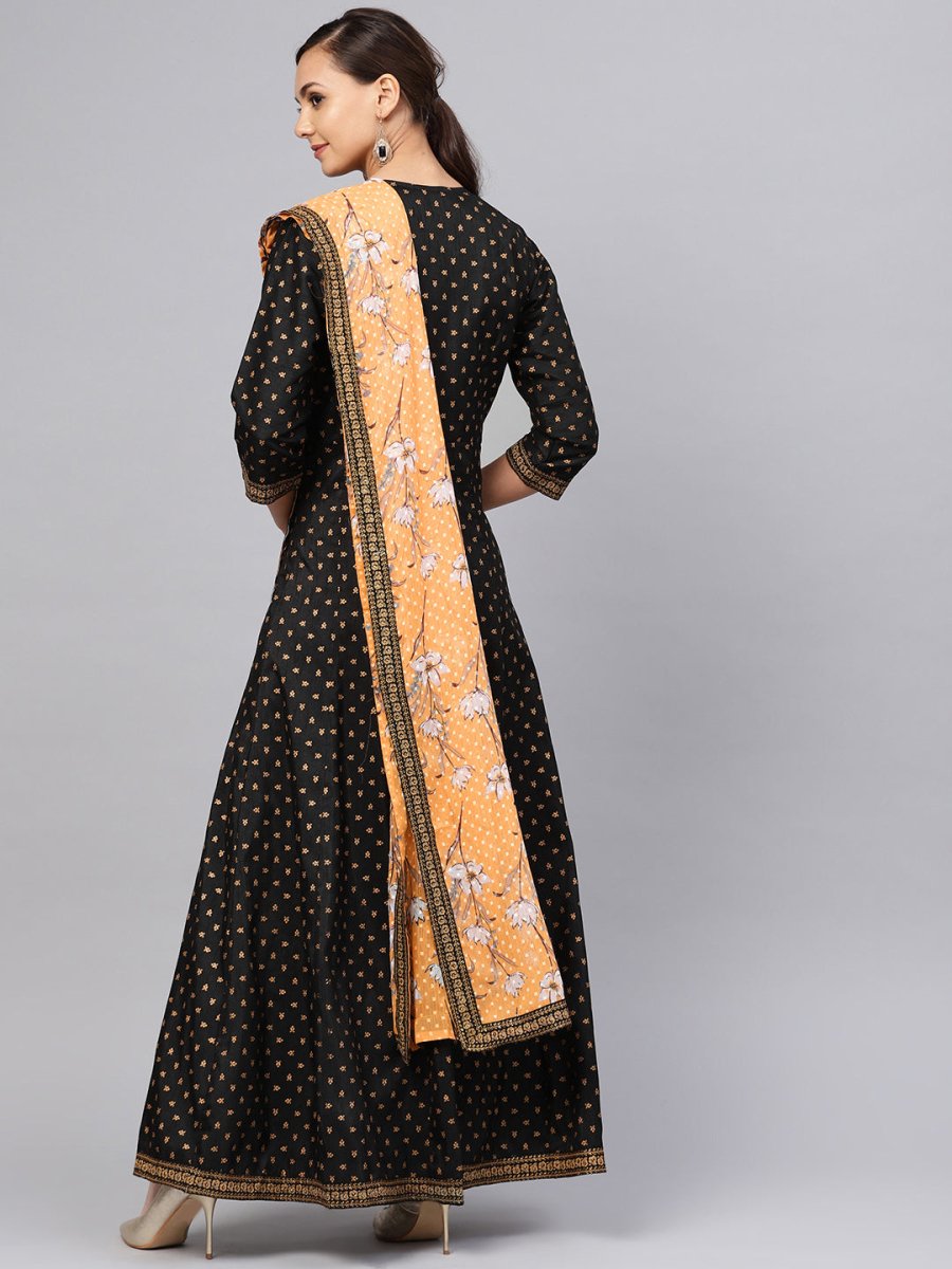 Ahalyaa Black and Gold Printed Anarkali Kurta Set For Women | Swadesiicart