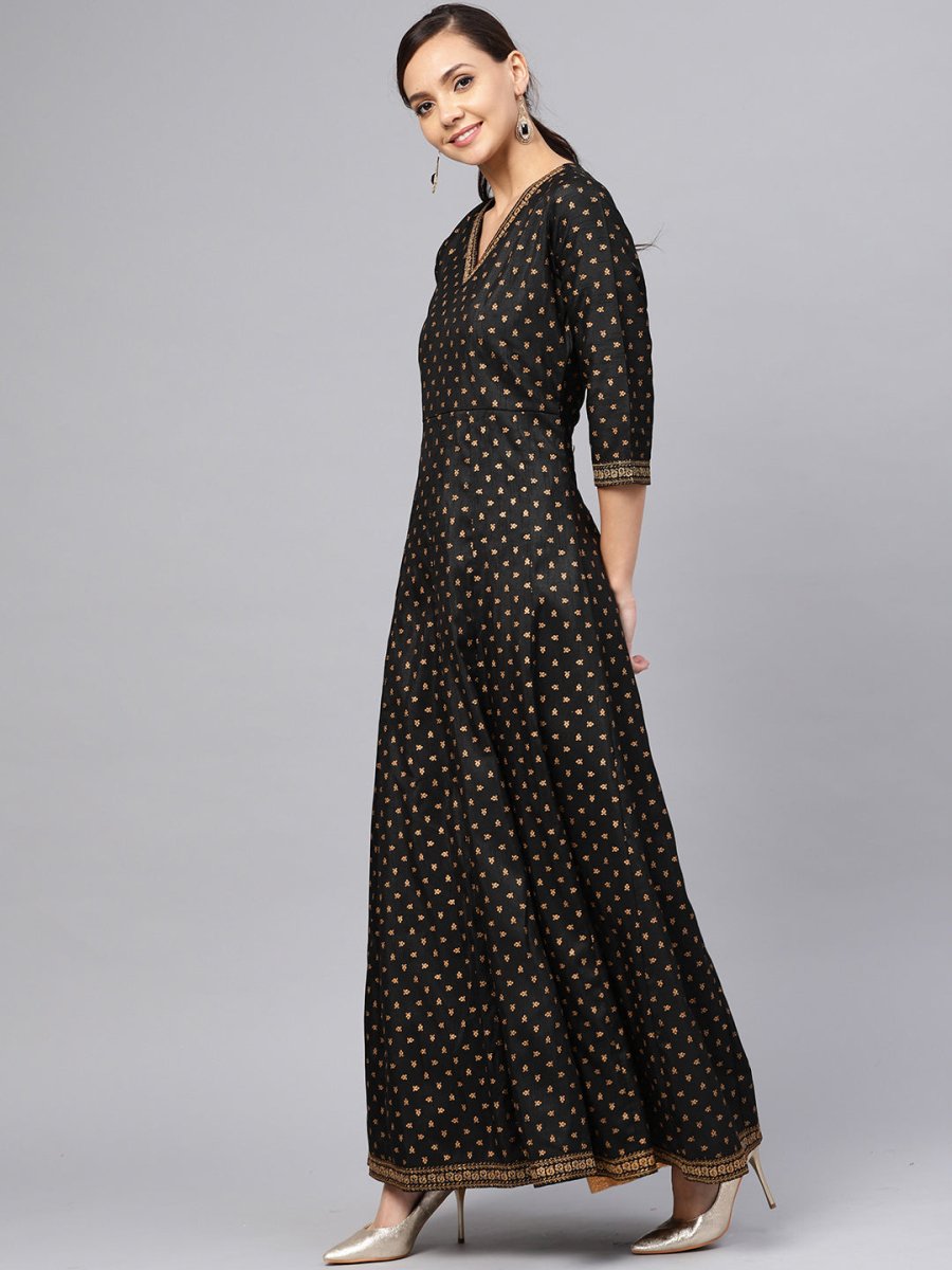 Ahalyaa Black and Gold Printed Anarkali Kurta Set For Women | Swadesiicart