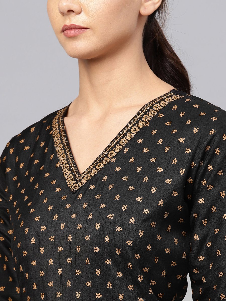 Ahalyaa Black and Gold Printed Anarkali Kurta Set For Women | Swadesiicart