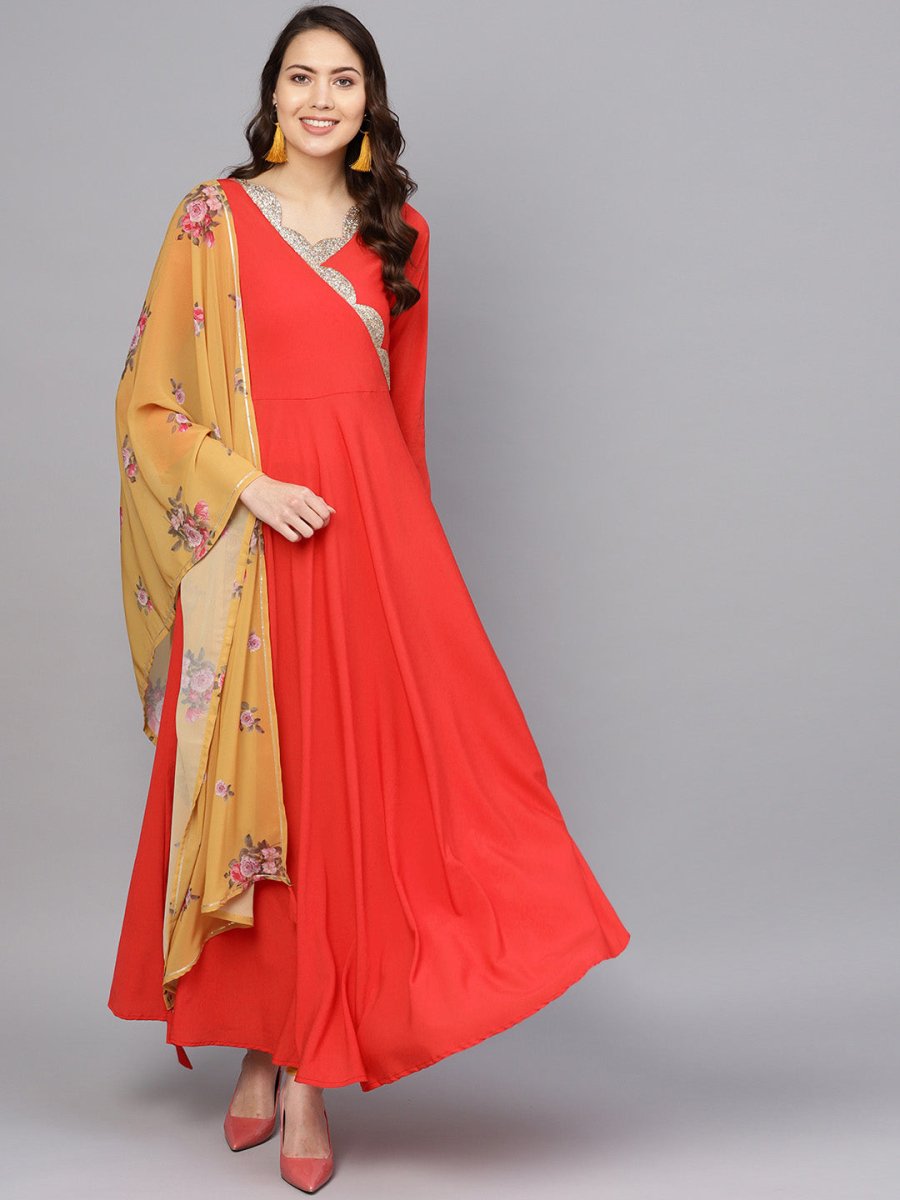 Ahalyaa Women Red Mustard Yellow Solid Angrakha A-Line Dress with Dupatta | Swadesiicart