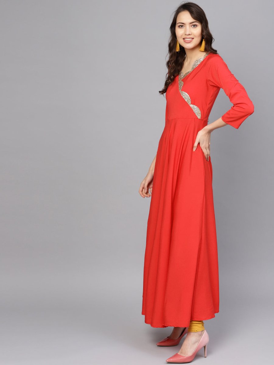 Ahalyaa Women Red Mustard Yellow Solid Angrakha A-Line Dress with Dupatta | Swadesiicart