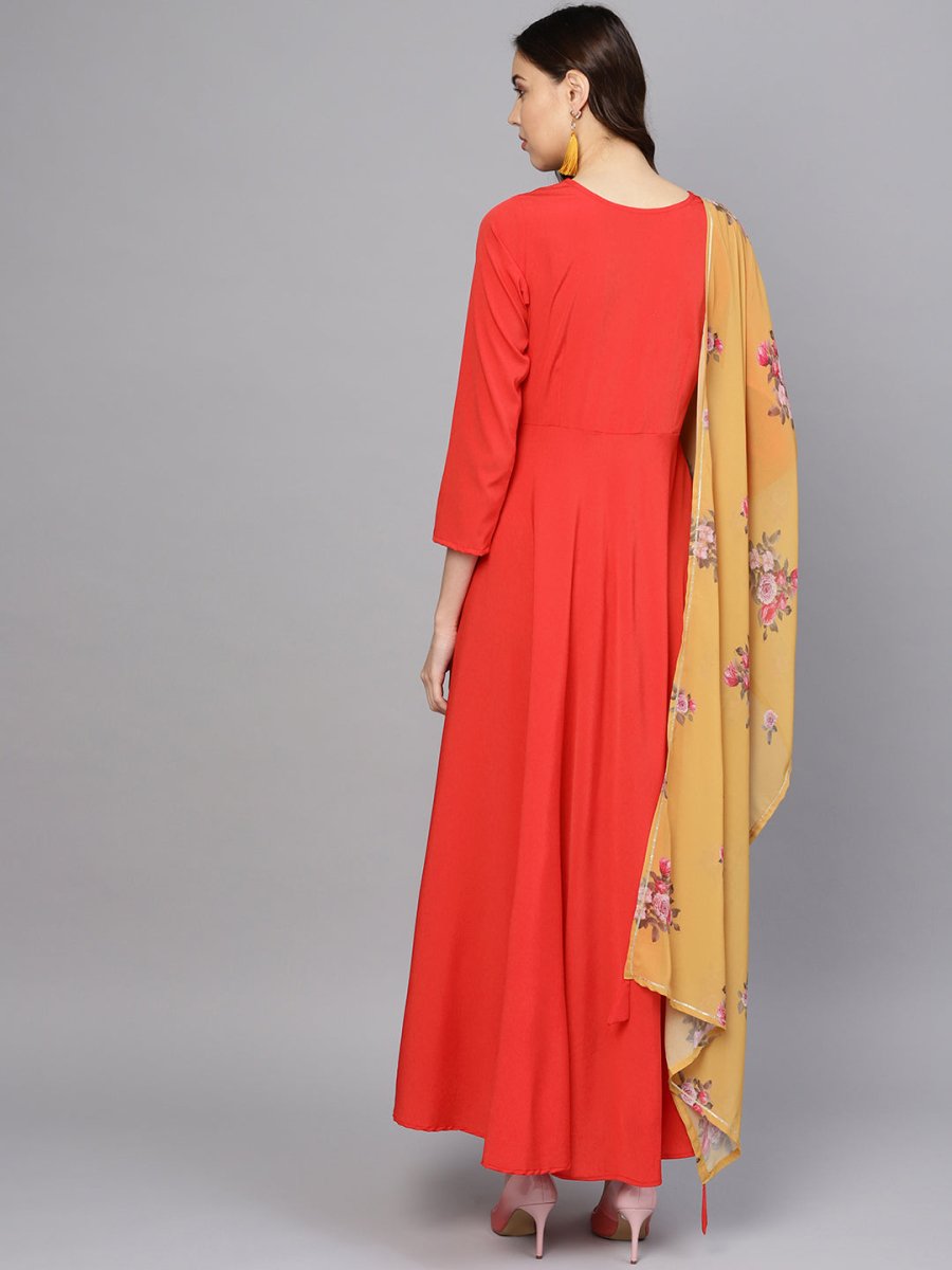 Ahalyaa Women Red Mustard Yellow Solid Angrakha A-Line Dress with Dupatta | Swadesiicart